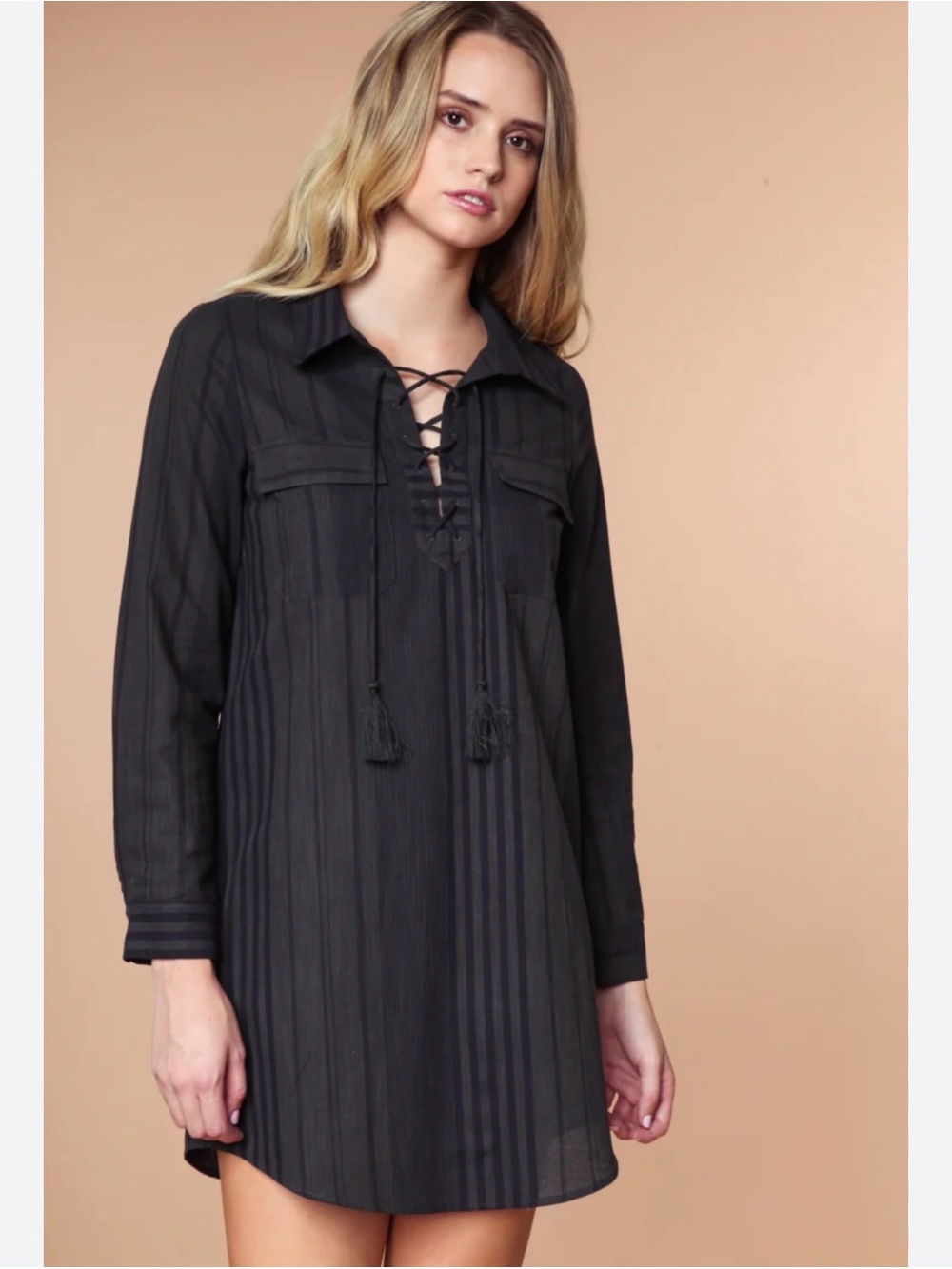 0034 Black Lace-Up Long Sleeve Mini Dress